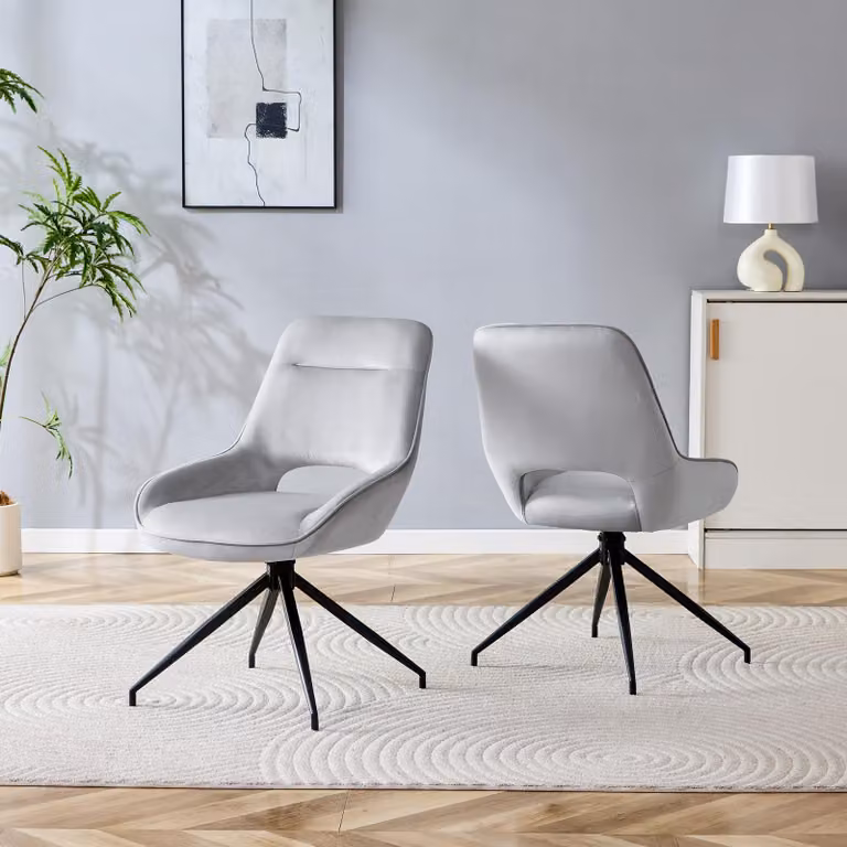 Set di 2 sedie da pranzo, girevoli a 360°, rivestite in velluto, struttura in metallo, traspiranti (colore: nero, grigio chiaro)