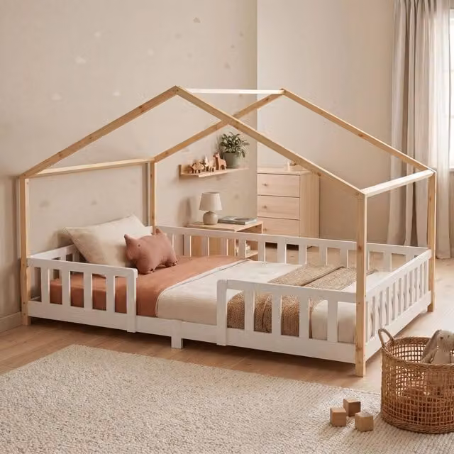 Letto per Cameretta Treviolo a Forma di Casetta in Stile Montessori 120x200 cm Bianco/Naturale [en.casa]