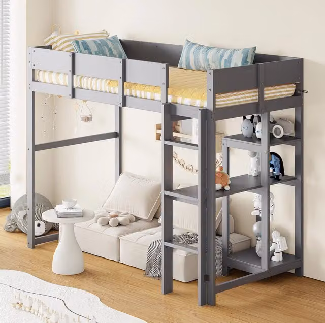 Letto a soppalco grigio 90x200 cm in legno massello di pino con sponda e ripiano