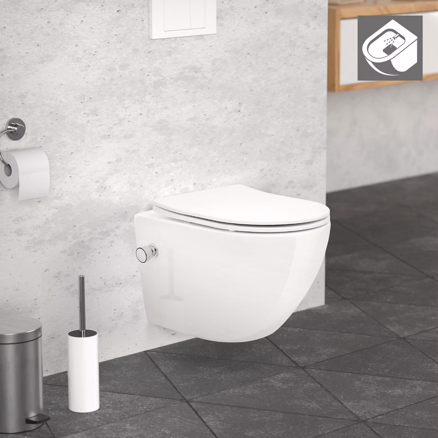 LuxeBath WC sospeso senza brida corto 49 cm, bianco, in Vetroceramica con funzione bidet, WC con chiusura soft-close sedile WC estraibile Duroplast