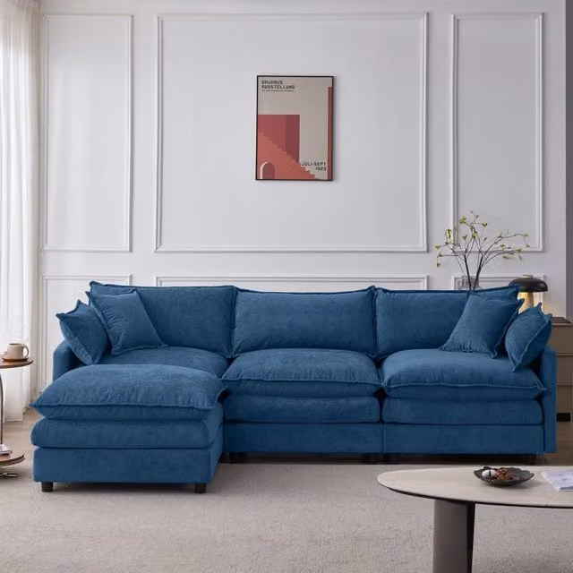 Divano angolare modulare MIVRAY a 3 posti in velluto blu con pouf coordinato e cuscini sfoderabili