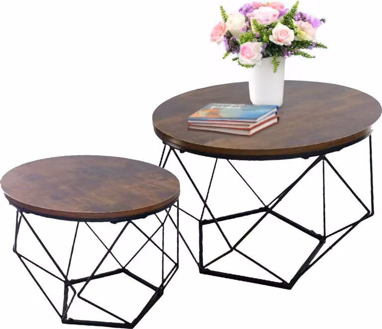 Tavolino Relaxdays, set da 2, effetto legno e metallo, design industriale, tavolini rotondi, soggiorno, marrone/nero