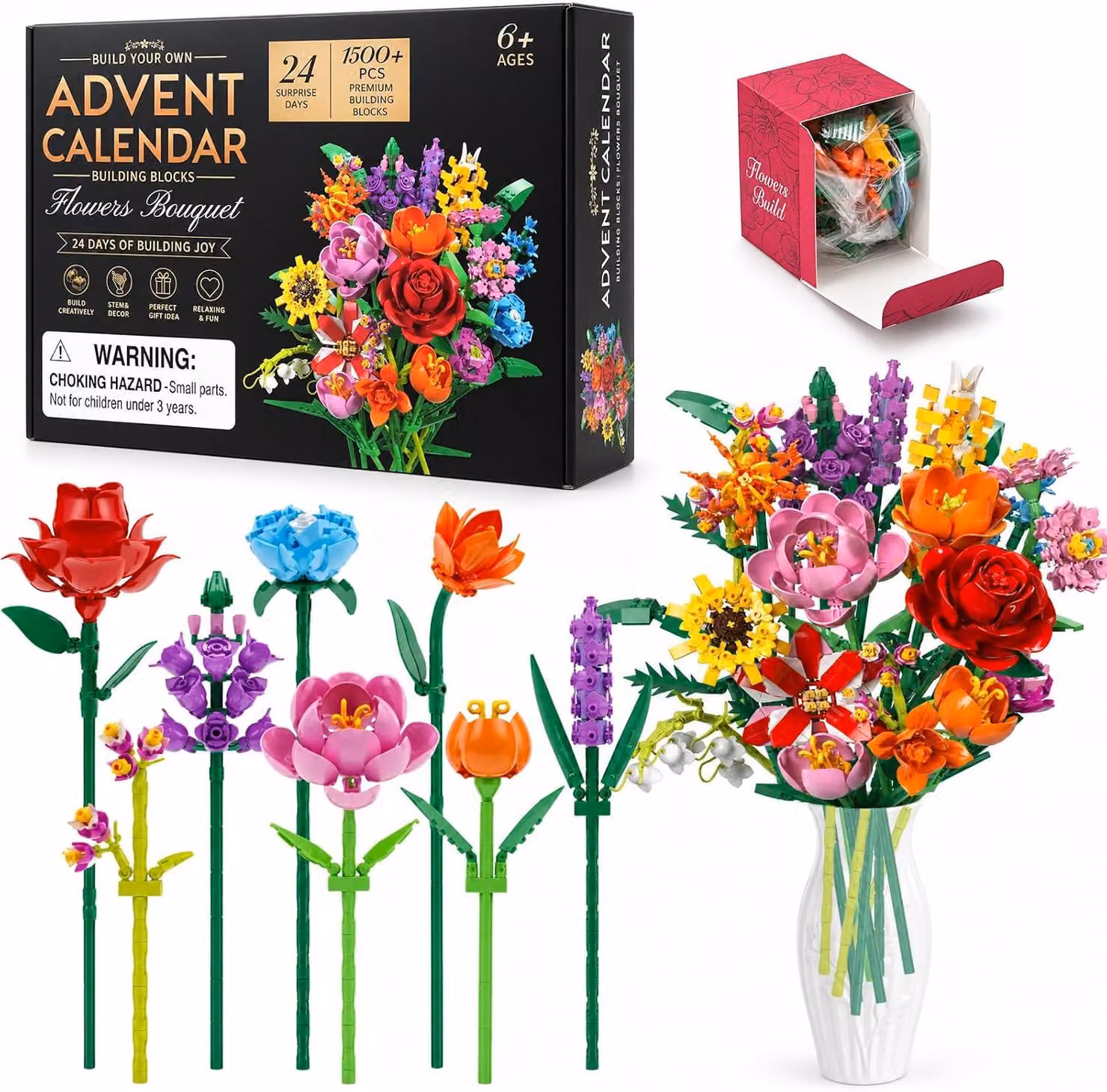 Calendario dell'Avvento 2026: Set di costruzioni a tema bouquet di fiori, 24 giorni per contare i giorni fino a Natale, 24 confezioni con oltre 1500 pezzi, set di costruzioni colorate a forma di rose e tulipani, ideali per la decorazione della casa