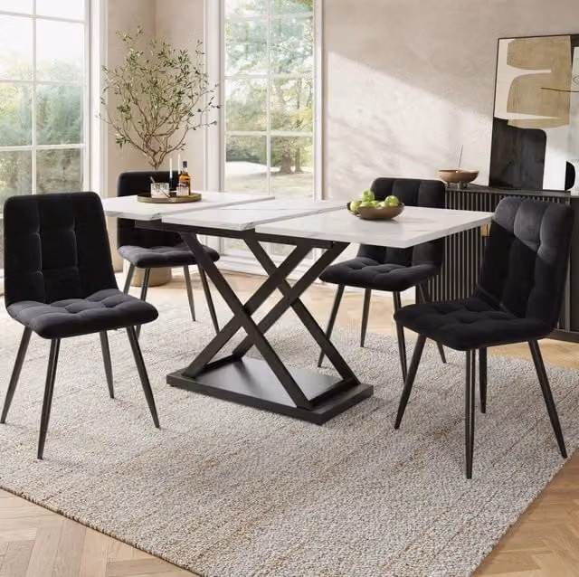 Set tavolo da pranzo allungabile 120-160x80 cm con 4 sedie in velluto nero