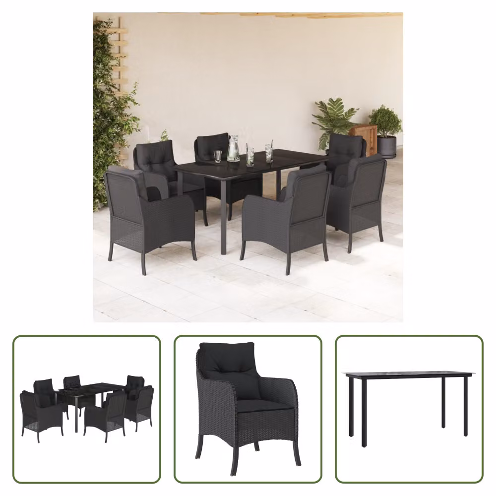 The Living Store Set da pranzo da giardino 7 pezzi con cuscini in polirattan nero