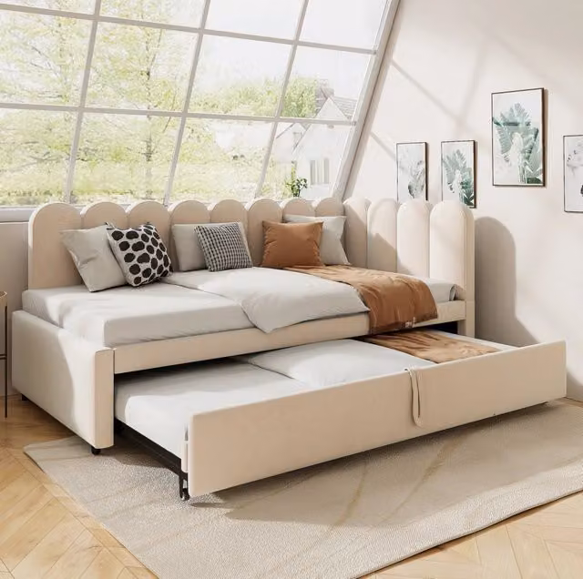 Divano letto L con letto estraibile 90x200 cm; velluto beige