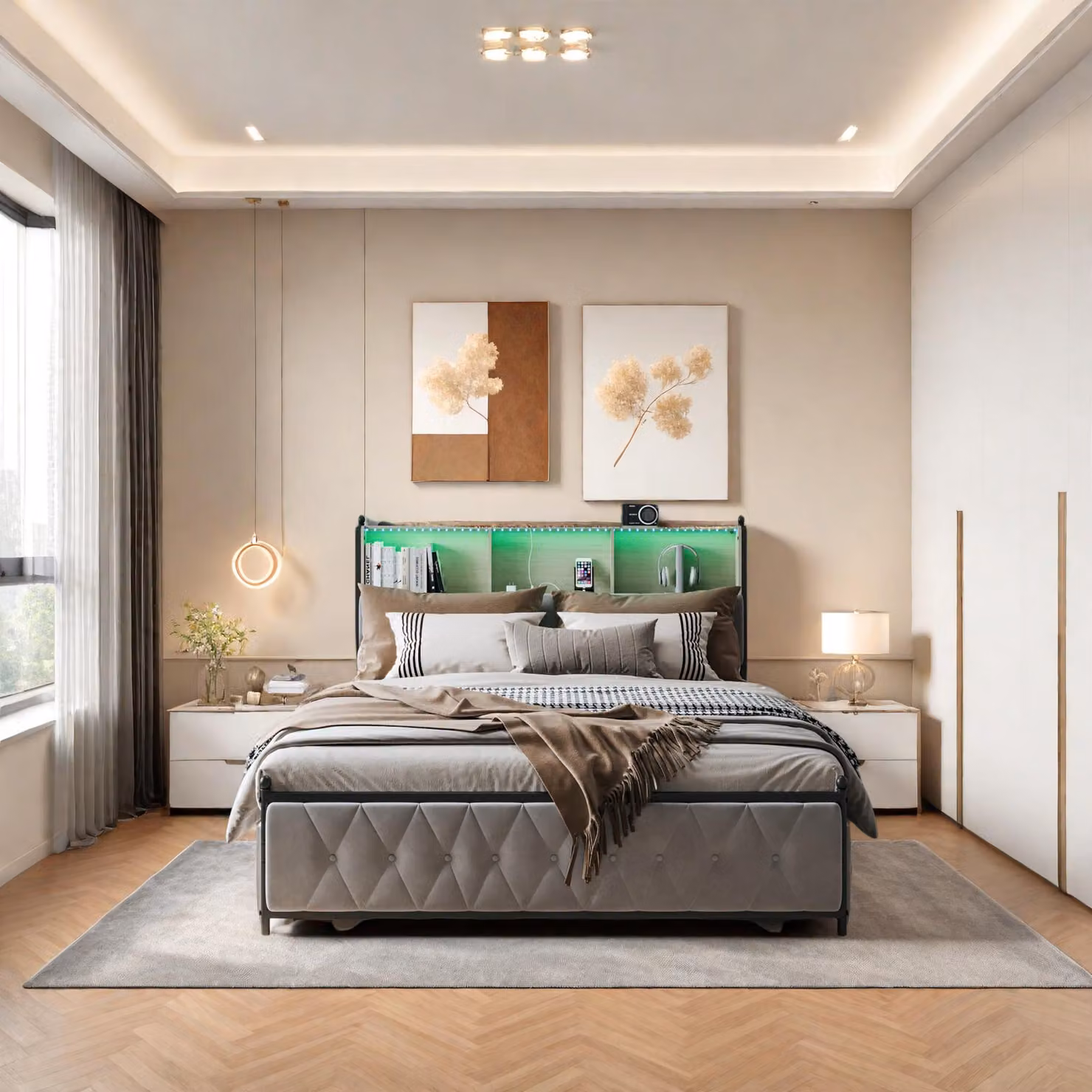 Letto in velluto beige 180x200 cm con cassetti, testiera a LED multicolore, USB/Type-C e contenitore sotto il letto