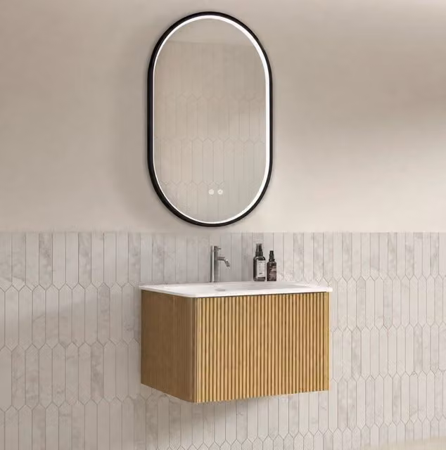 Set Mobile Bagno Sospeso con Specchio LED 60 cm, Lavabo Integrato in Pietra Sintetica, Colore Rovere, Specchio Ovale 50×80 cm con Cornice Nera e Cristalli Strass