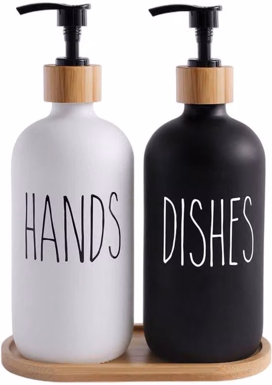 Set di dispenser per sapone Azomor Elegante in vetro, con design nero opaco e vassoio in bambù
