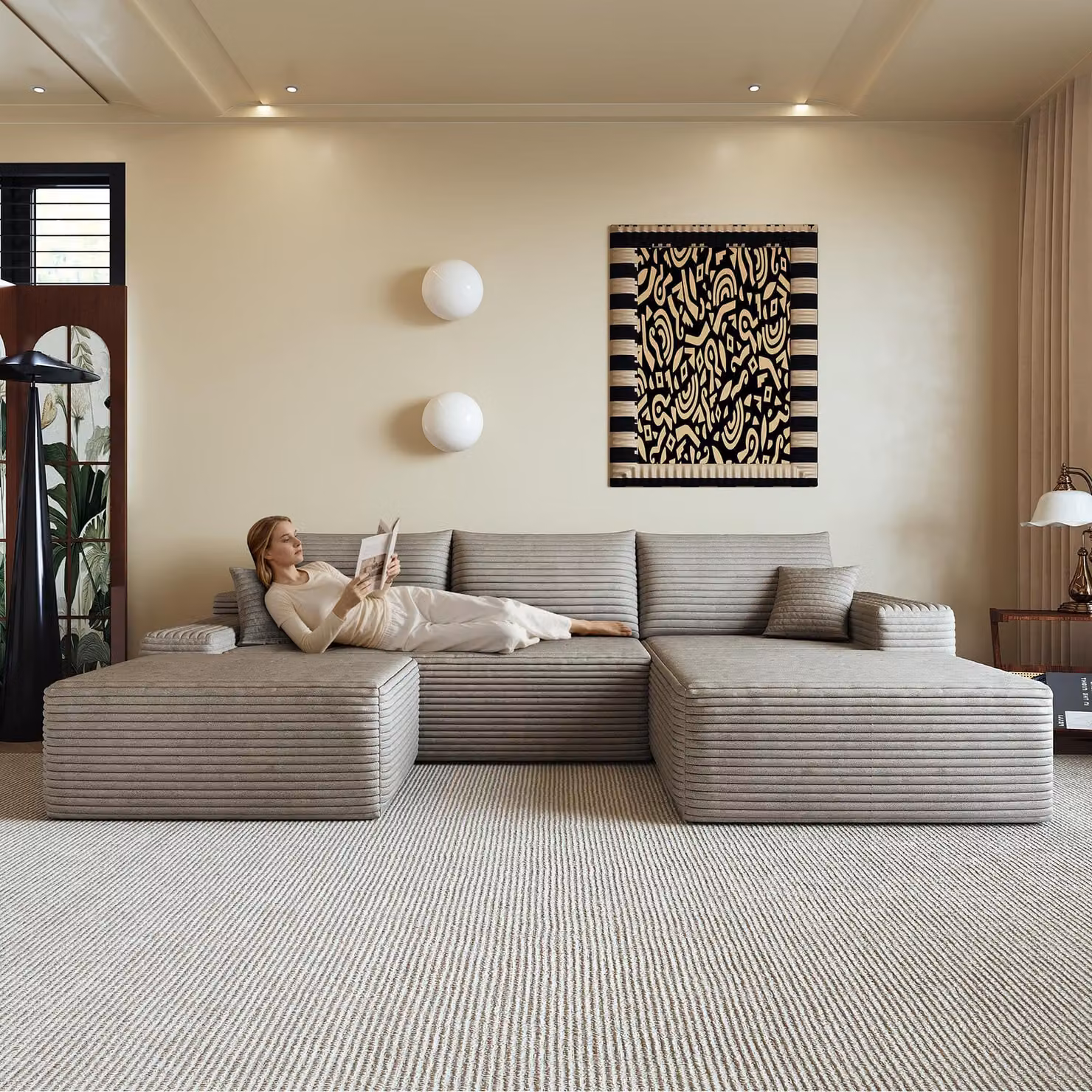 Divano Boneless Ecksofa, 270 cm, a forma di L, con chaise longue, seduta profonda, senza necessità di montaggio, divano compattabile. Colore: cammello