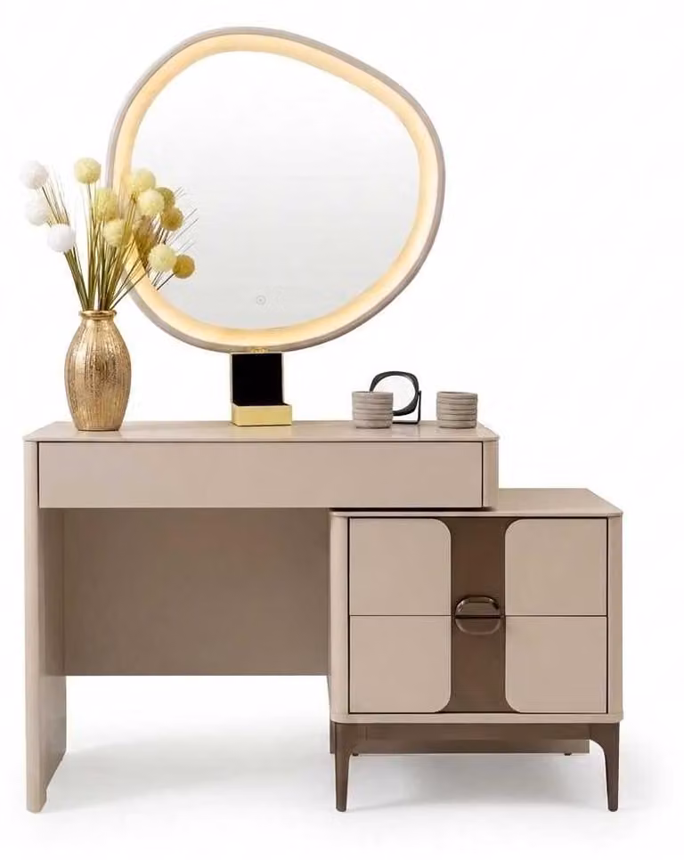 Comò da trucco beige, moderno, set con specchio, tavolino da toeletta