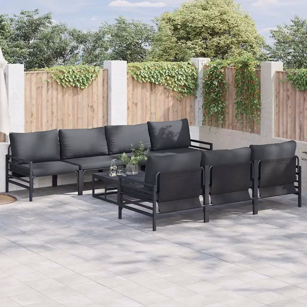 Set Divano da Giardino Moderno vidaXL 8 Pezzi in Acciaio Verniciato Nero con Cuscini – 1
