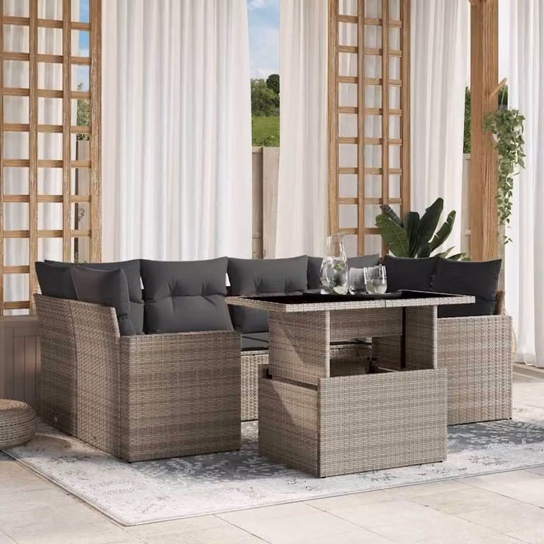 vidaXL Set Divani da Giardino 7pz a Forma di L con Cuscini Grigio Antracite e Tavolino in Vetro
