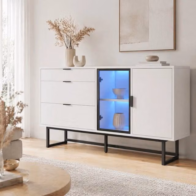 Credenza 160x36x78 cm con illuminazione LED in MDF e pannello truciolare bianca