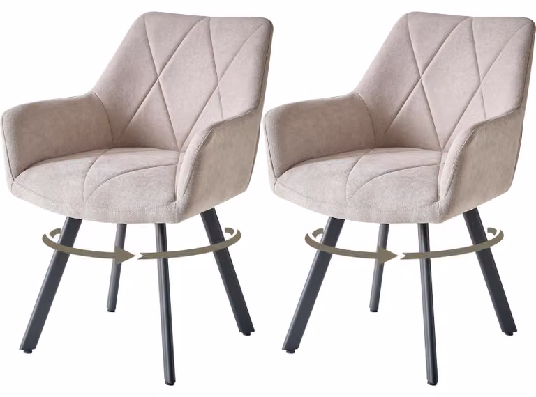 Set di 2 sedie da pranzo - Sedie girevoli per la cucina - Rivestimento in tessuto moderno - Girevoli a 360° - Seduta imbottita - Gambe in metallo - Colore beige