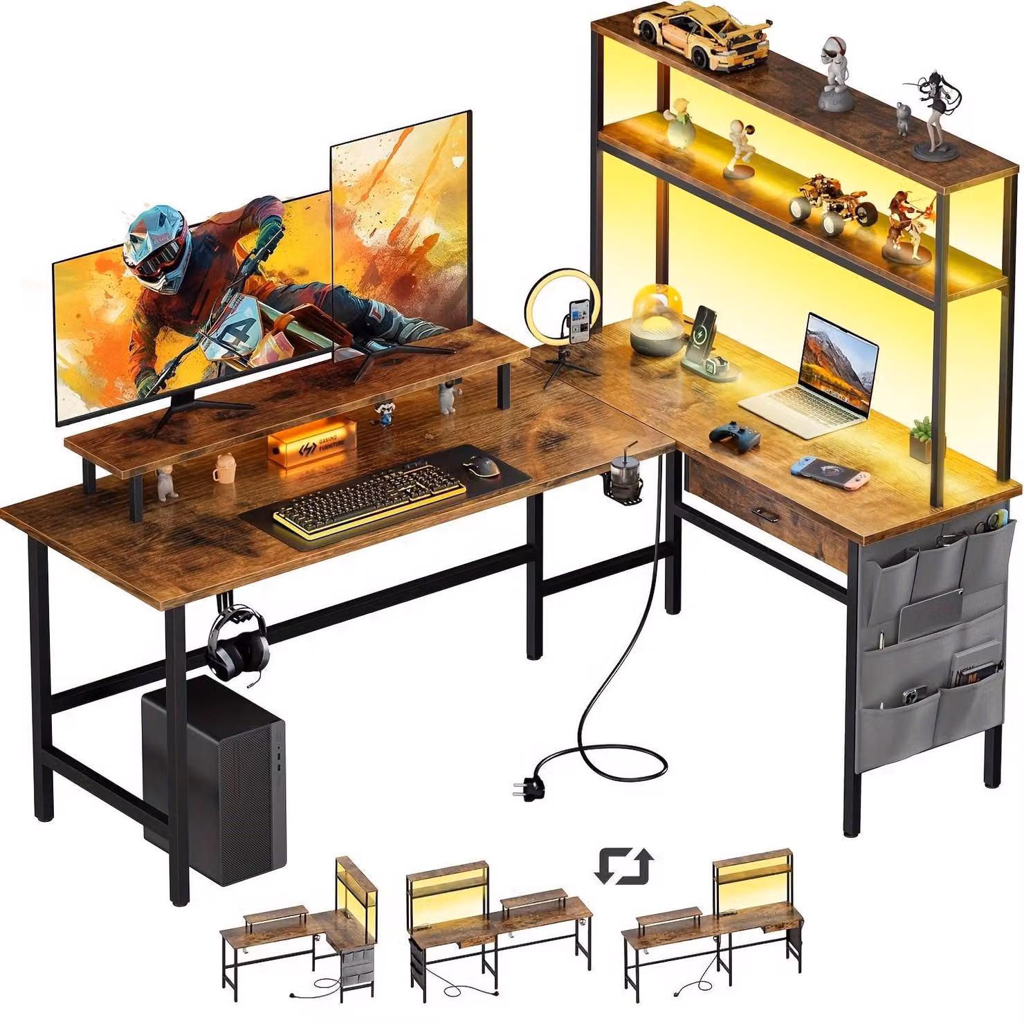 Scrivania ad angolo reversibile a forma di L, ideale per il gaming, con illuminazione LED integrata e prese di corrente