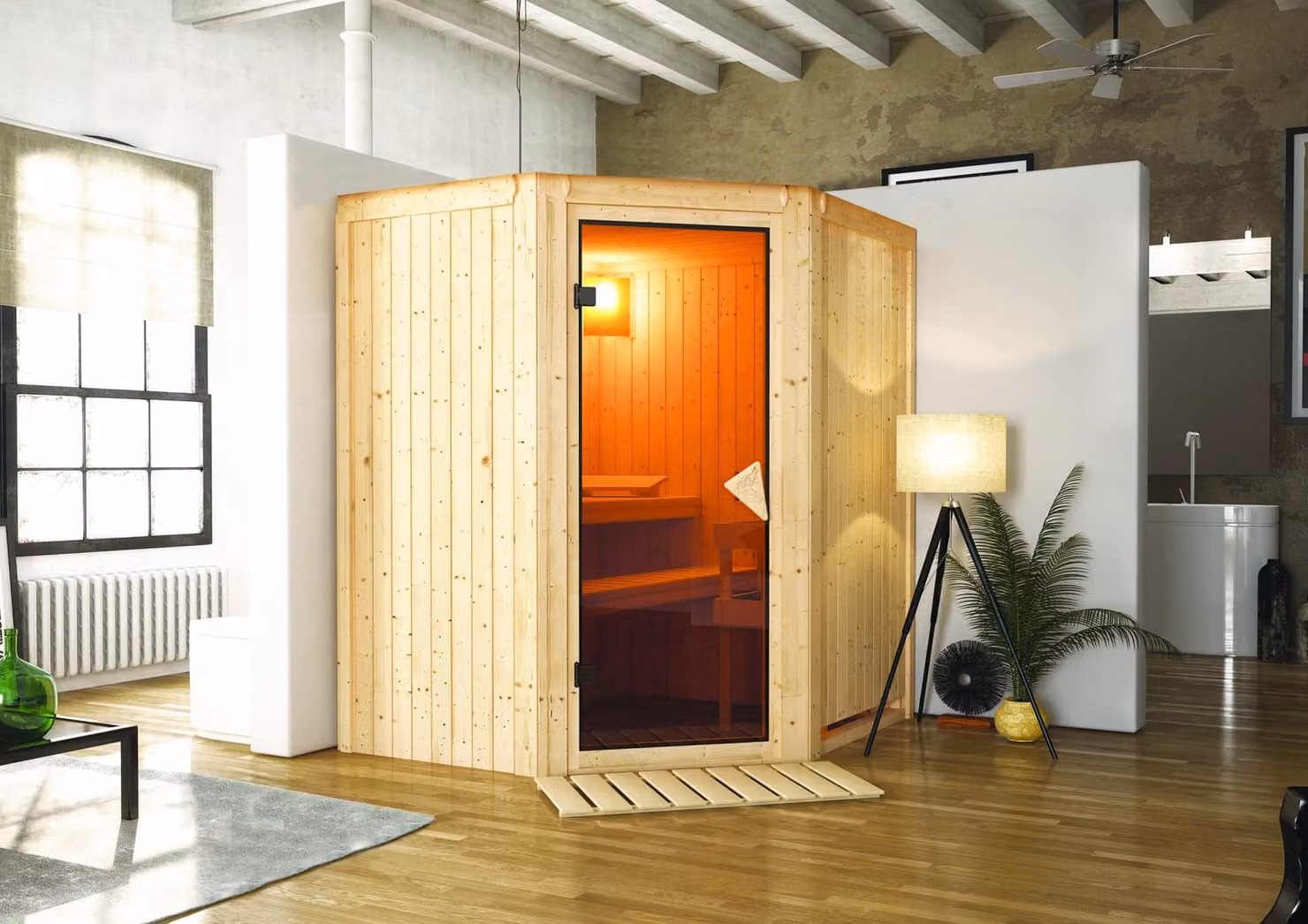 Sauna Taurin: senza illuminazione per il soffitto: stufa da 9 kW con controllo integrato. Porta in vetro completamente bronzata. Illuminazione per il soffitto: senza illuminazione. Stufa per sauna: stufa da 9 kW con controllo integrato. Porta per sauna: p