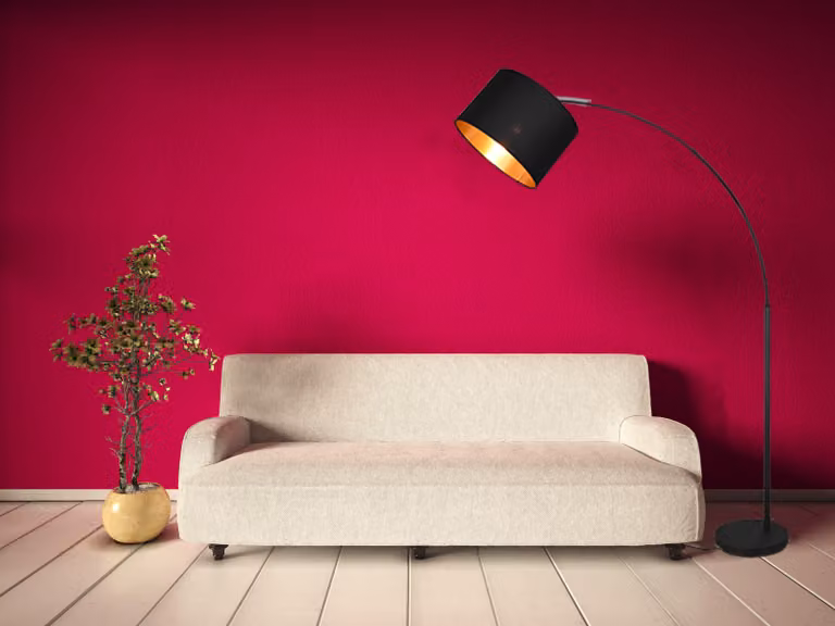 Lampada ad arco a LED nera con paralume in tessuto, interno dorato; lampada da lettura a stelo, altezza 171 cm