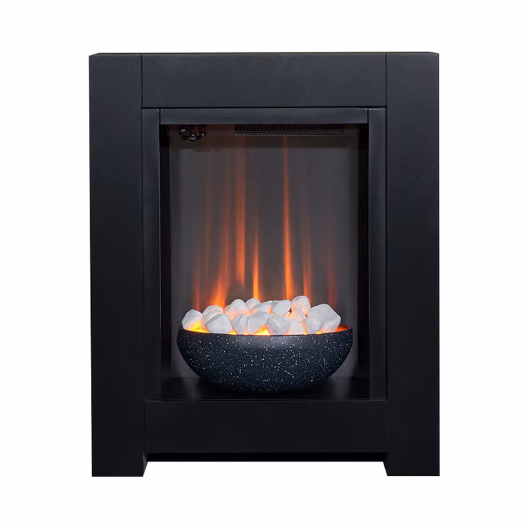 Set caminetto Adam Monet in colore nero con camino elettrico, dimensioni 73 cm x 60 cm x 20 cm, fiamma LED, potenza termica 1–2 kW.