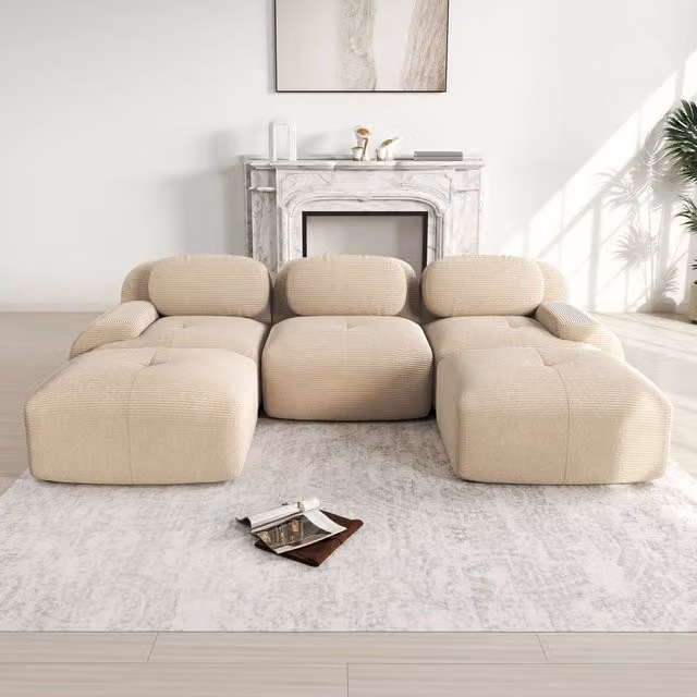 Divano Modulare a U MINIMAL in Velluto a Coste Beige con Braccioli Extra e Imbottitura in Schiuma