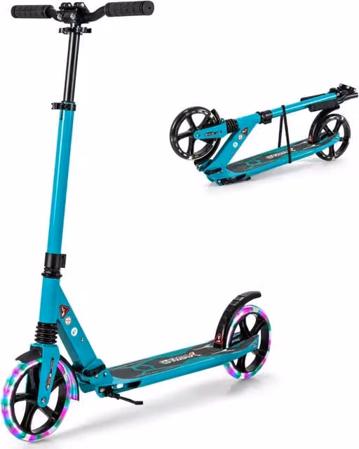 Monopattino pieghevole con ruote in alluminio blu illuminate e 3 altezze regolabili L/P/H: 93 x 43 x 106 cm