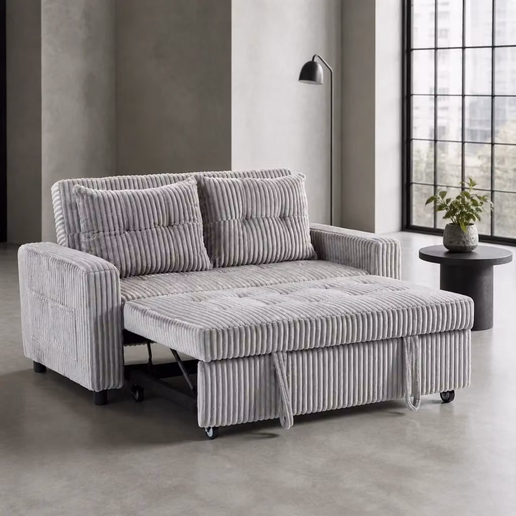 Divano letto MIVRAY a 2 posti in velluto a coste grigio, con schienale regolabile e funzione letto estraibile, ideale per soggiorno o camera da letto, L: 126 cm, P: 190 cm, H: 12 cm – 2
