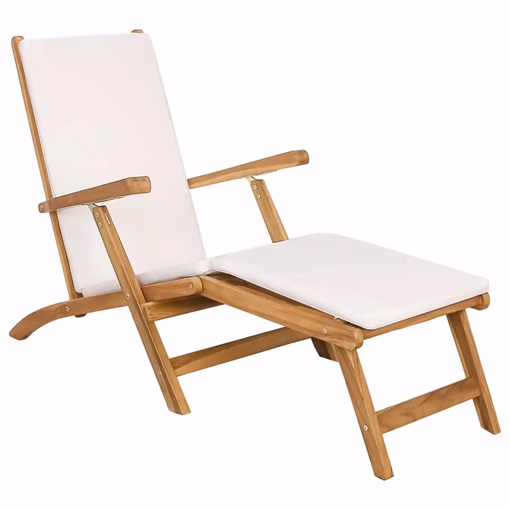 Sedia a sdraio pieghevole vidaXL in legno di teak con cuscino bianco e marrone – 2