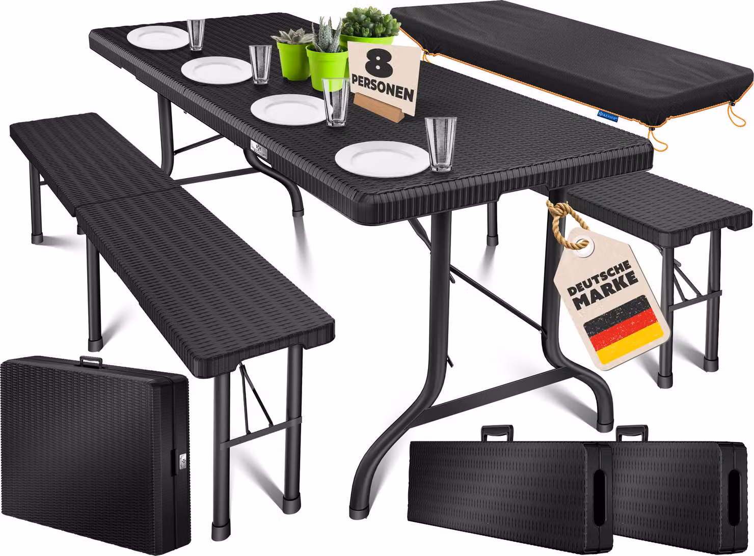 KESSER® Set da birreria, 3 pezzi, 183x76x74 cm, composto da un tavolo e 2 panche, in plastica pieghevole, con copertura inclusa