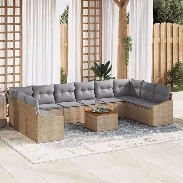 vidaXL Set Divano da Giardino a forma di U in Polyrattan con 11 Pezzi, Beige e Grigio