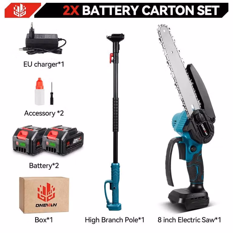 Troncatrice a batteria di alta qualità - Motosega a batteria - Motore brushless da 5500 W - Lame da 20 cm - Telescopico - 18V, senza fili - Set con 2 batterie