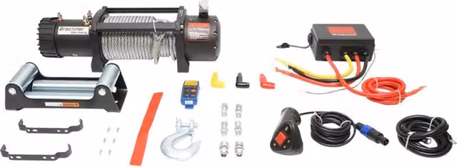 Verricello elettrico Breckner con telecomando 12V, 6,5hp, 6,1T, cavo in acciaio 9x24m e solenoide 400A, colore nero