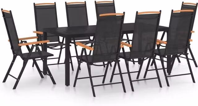 Set da pranzo da giardino Outsunny in alluminio nero opaco con tavolo rettangolare pieghevole e 9 sedute