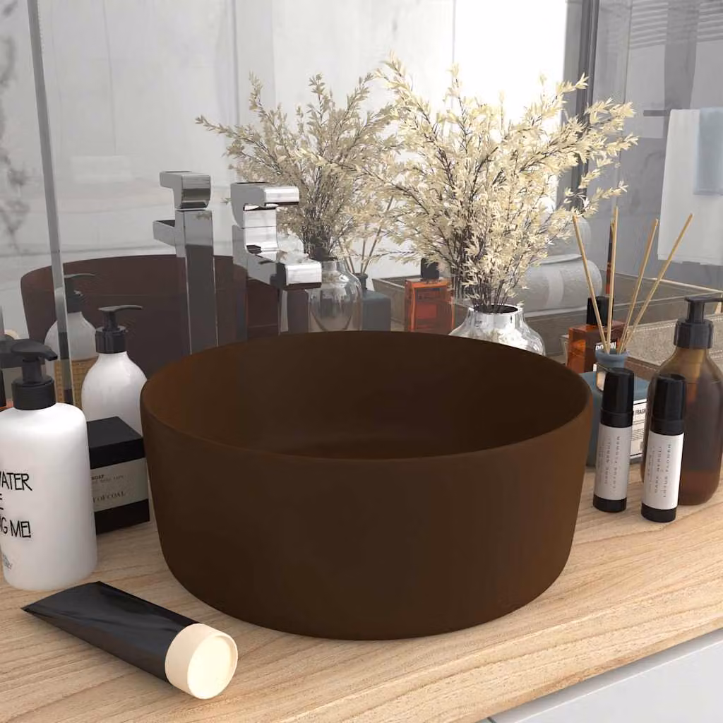 Lavandino da appoggio rotondo vidaXL in ceramica marrone scuro opaco L: 40 cm, P: 40 cm, H: 15 cm – 1