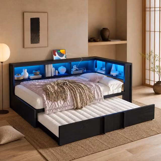 Desviae Struttura letto 90 × 200 cm con letto estraibile, vani contenitore, led e porte usb in metallo e mdf nero