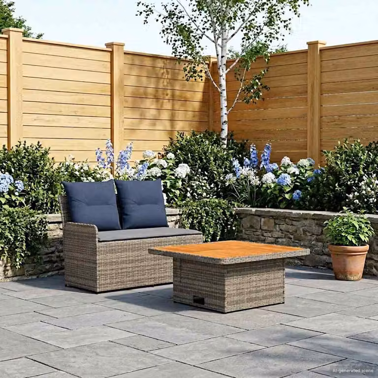 Set da giardino vidaXL in polyrattan con divano angolare a 2 posti e tavolino da esterno, colore grigio e blu con cuscini inclusi