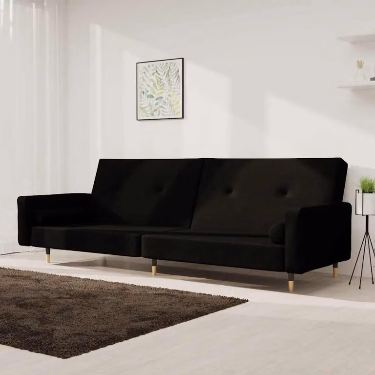 vidaXL Divano Letto Click-Clack a 2 Posti in Velluto Nero con Cuscini, L: 220 cm, P: 84,5 cm, H: 69 cm