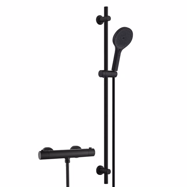 Sistema doccia in acciaio inossidabile JOHO con rubinetteria, set con barra doccia e termostato, soffione con 3 tipi di getto, tubo flessibile, barra doccia da 100 cm, nero