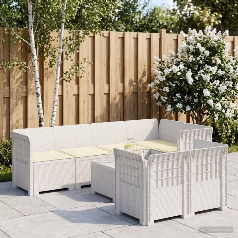 Set da giardino vidaXL a forma di U con 7 posti, in polyrattan bianco con cuscini imbottiti e coperture rimovibili