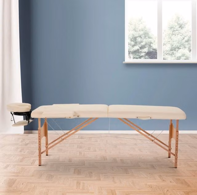 Lettino da massaggio pieghevole ULEVR 185x60 cm, altezza 61-87 cm, poggiatesta regolabile, bianco crema