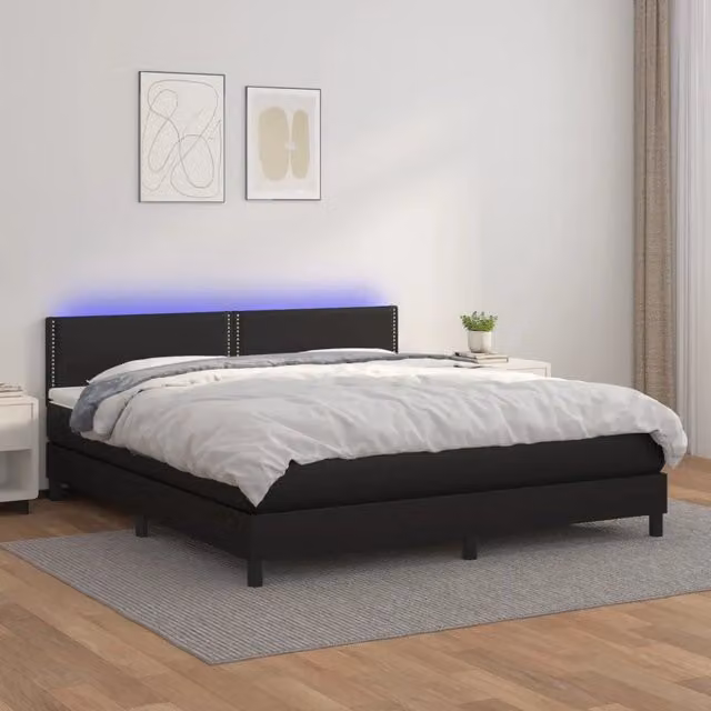Letto con Giroletto a Molle, Materasso Ibrido e Illuminazione LED vidaXL, Similpelle Nero, L/P: 180 x 200 cm