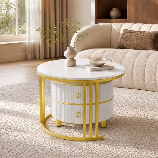 Tavolino da salotto 2-in-1 rotondo in MDF con piano lucido e marmo bianco, 70x70x46 + 50x50x40 cm, 2 cassetti