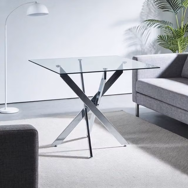 Tavolo da pranzo quadrato WISHDOR in vetro e metallo argento con design moderno e struttura a X – 1