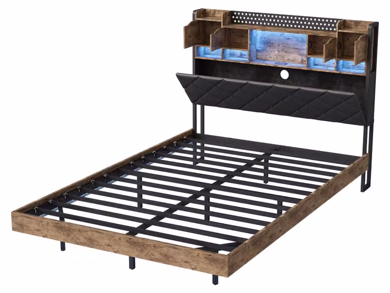 Letto sospeso Moonbite, 160x200 cm, nero, con illuminazione LED e supporto per prese, testiera con spazio contenitivo, porte USB e USB-C, tessuto di lino resistente alle macchie