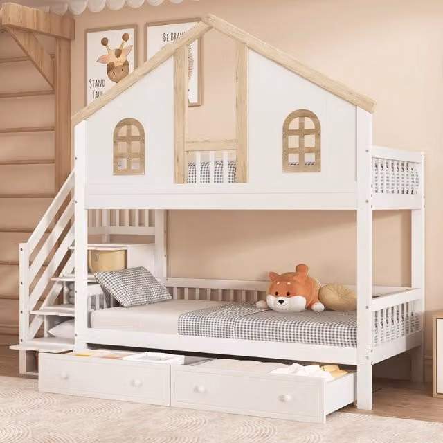 Letto a castello Mivray per bambini con scala contenitore e cassetti in legno MDF bianco naturale L/P/H: 200 x 90 x 150 cm