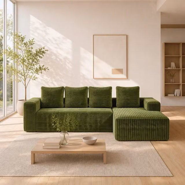 Divano modulare angolare a L con chaise longue reversibile; 261x168x58 cm; verde