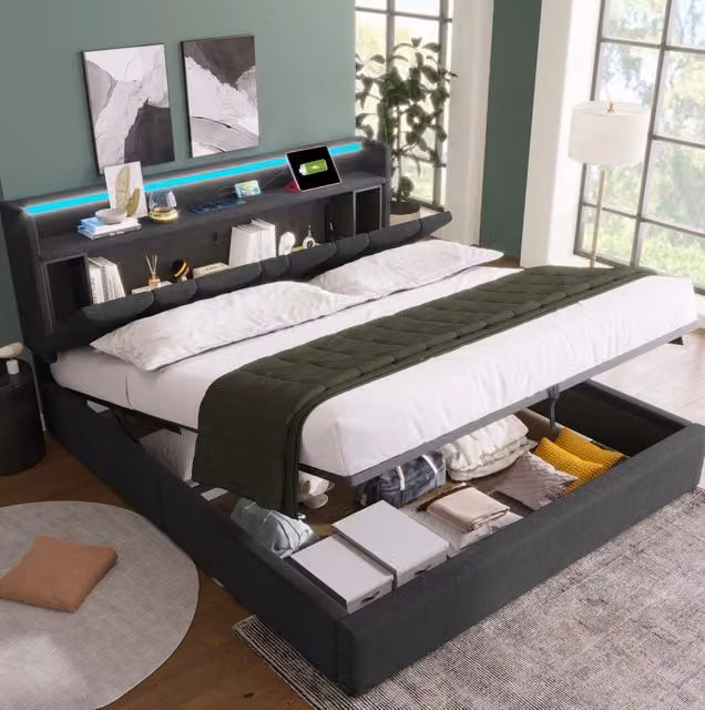 Letto imbottito ULEVR 140x190 cm con contenitore, LED RGBW, prese USB e Type-C, testiera in lino grigio