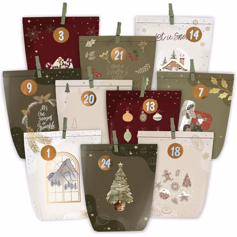 Calendario dell'Avvento con 24 sacchetti, numeri adesivi, stile verde, rosso e beige