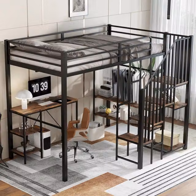 Letto a soppalco 120x200 cm in metallo con scrivania, scaffali e armadio aperto