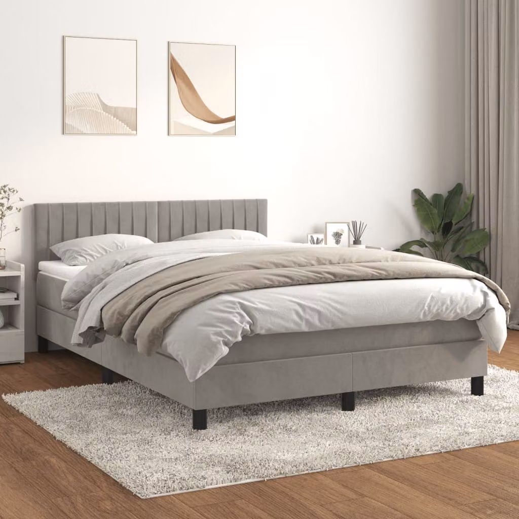 vidaXL Letto Ibrido con Materasso e Giroletto a Molle in Velluto Grigio Chiaro e Bianco L/P/H: 193 x 144 x 78 cm
