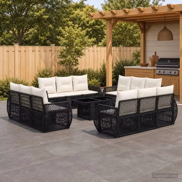 Set Divano da Giardino vidaXL in Polyrattan Nero e Bianco con Tavolino e Cuscini a Forma a U
